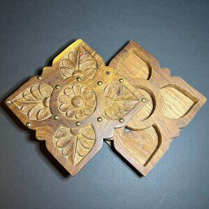 Vintage Hand Carved Wooden Floral Studded Square Stash Trinket Box w/ Pivot Lid